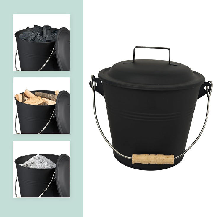 Relaxdays Ascheeimer mit Deckel, 4,5 Liter, inkl. Aschebesen & Kaminschaufel, Aschebehälter mit Henk