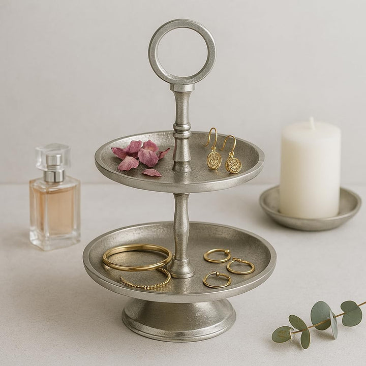 Marrakesch Deko Aesthetic Etagere 2 Etagen Obstschale rund Silber 26 cm hoch | Sevierplatte 2 Tablet