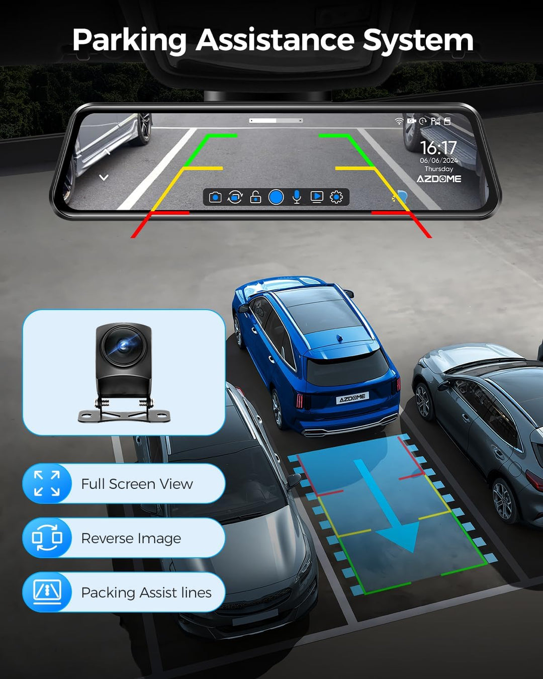 AZDOME 11.8" Spiegel Dashcam mit Rückfahrkamera & GPS, Super Nachtsicht, Loop-Aufnahme, G-Sensor, Ei