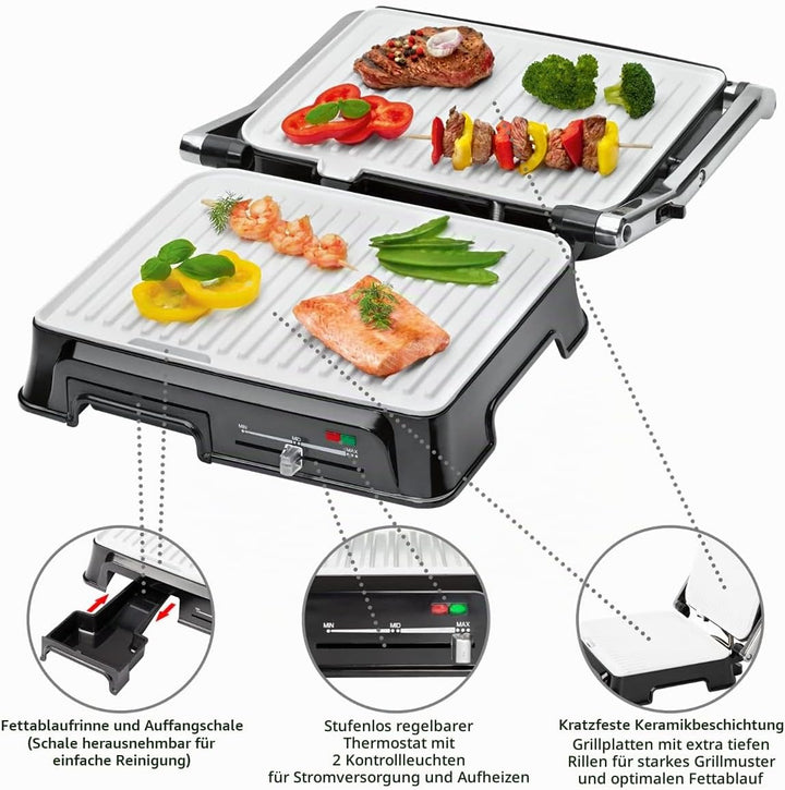 Clatronic KG 3571 elektrischer Kontaktgrill, Multigrill, Elektrogrill für beidseitiges &amp; fettfreies