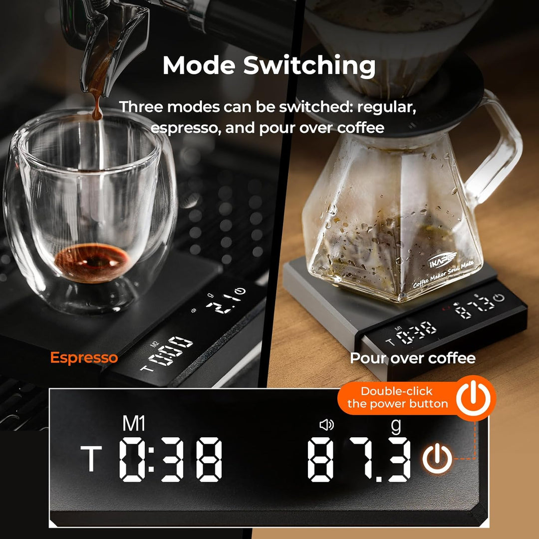 IKAPE Digitale Mini-Kaffeewaage mit Timer – 2 kg / 0,1 g hochpräzise, wiederaufladbare Waage für D