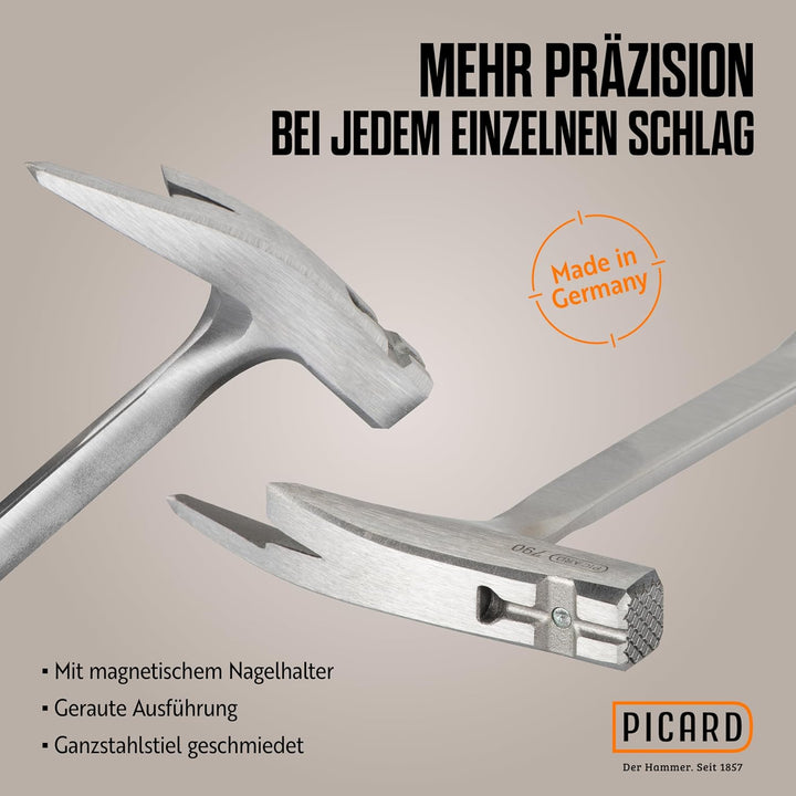 PICARD Ganzstahl-Latthammer lang | Zimmermannshammer mit magnetischem Nagelhalter | Hammer mit Ganzs