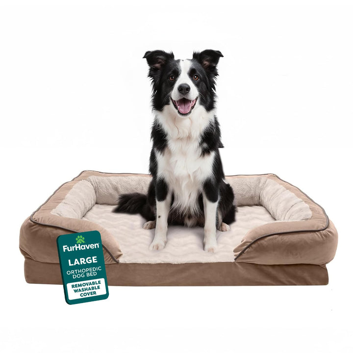 FurHaven Large Memory Foam Dog Bed Perfect Comfort Plush & Velvet Waves Sofa-Style w/Removable Washa