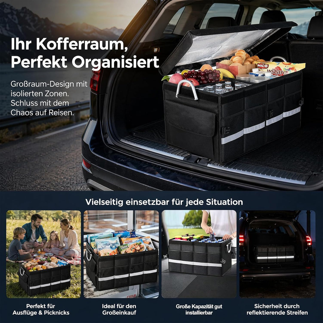 Kofferraum Organizer Deckel - 72L Auto-Aufbewahrungsbehälter Isolierung | Alu-Griffe Trennwände Refl