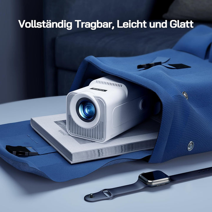 WOLFANG 4K Mini Beamer mit Offiziellem Netflix, 26000 Lumen WiFi 6 Smart Projektor mit 50% Zoom & Tr