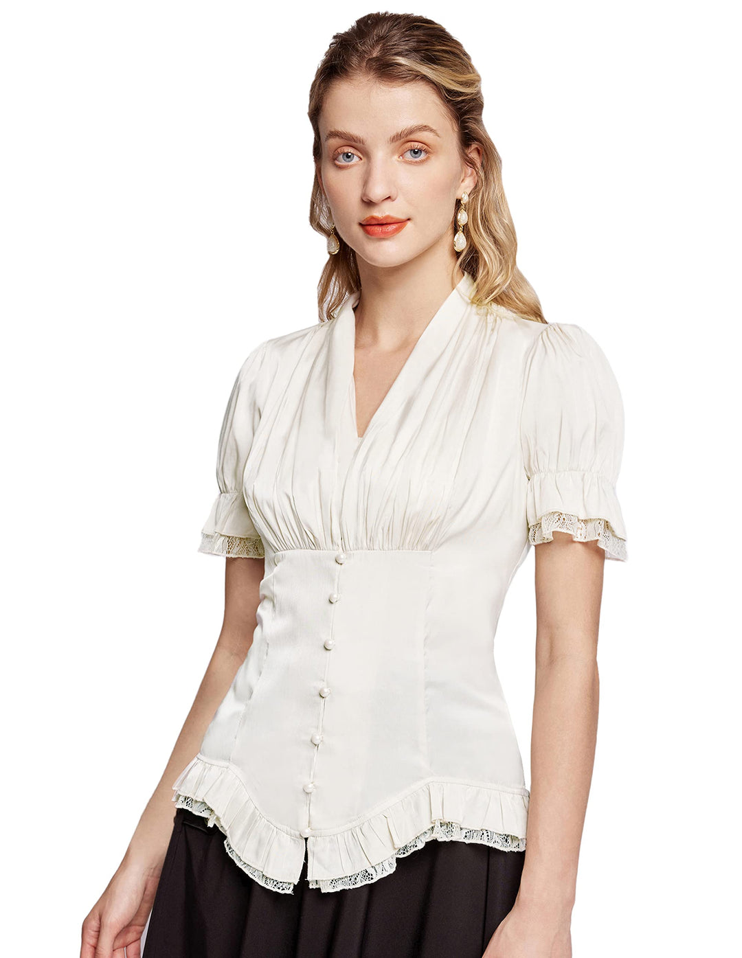 SCARLET DARKNESS Damen Rüschenbluse Mittelalter Spitzen Shirt Gothic Bluse für Party Oberteil Weiss