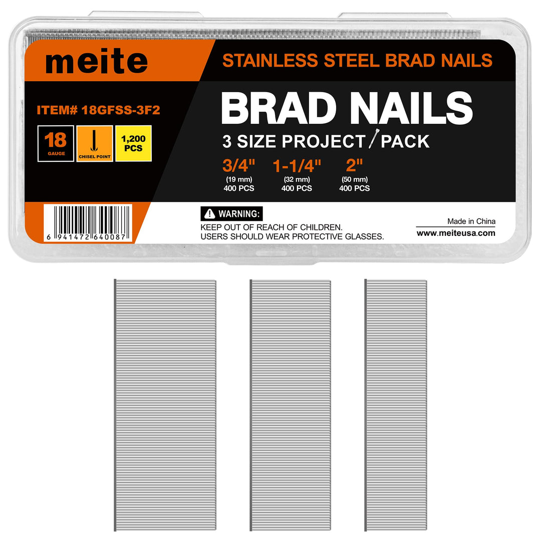 meite Edelstahl Stauchkopfnägel 18GA, 1.200 Stück Sortiment in 3 Grössen (19mm, 32mm, 50mm), Edelsta