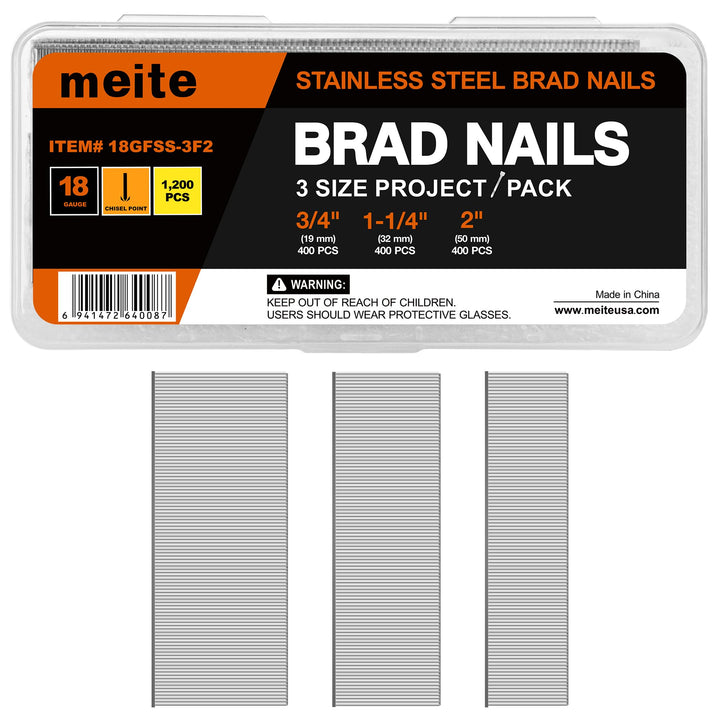 meite Edelstahl Stauchkopfnägel 18GA, 1.200 Stück Sortiment in 3 Grössen (19mm, 32mm, 50mm), Edelsta