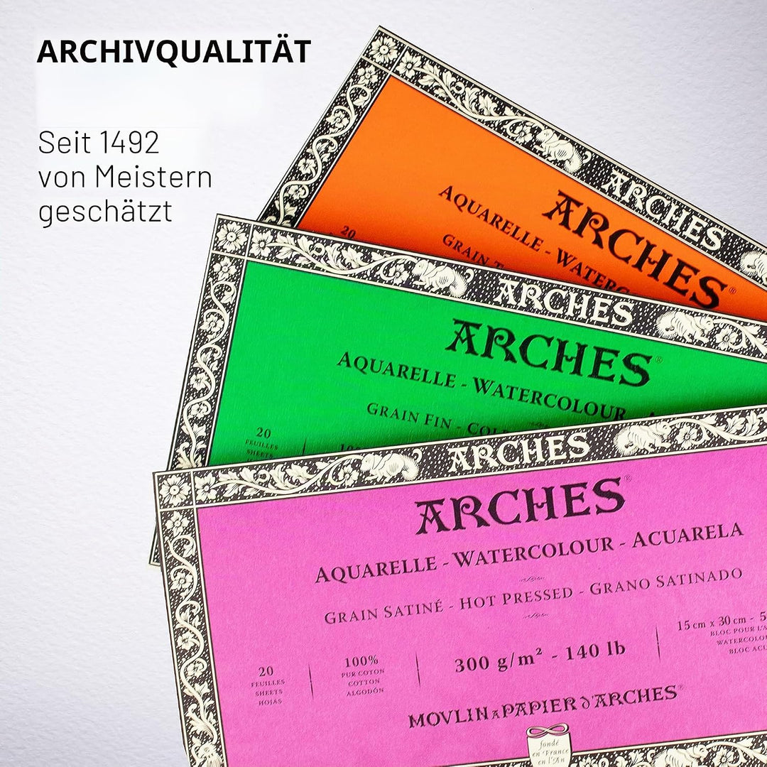 Arches 1795082 Aquarellpapier im Block (15 x 30 cm, 4-seitig geleimt, 300g/m² Grobkorn) 20 Blatt nat