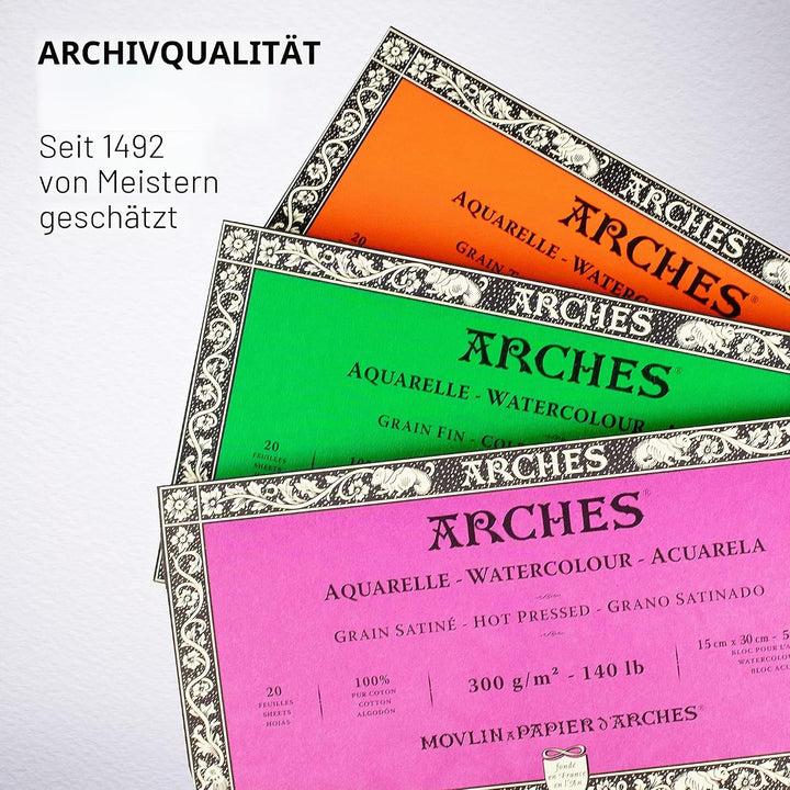 Arches 1795082 Aquarellpapier im Block (15 x 30 cm, 4-seitig geleimt, 300g/m² Grobkorn) 20 Blatt nat