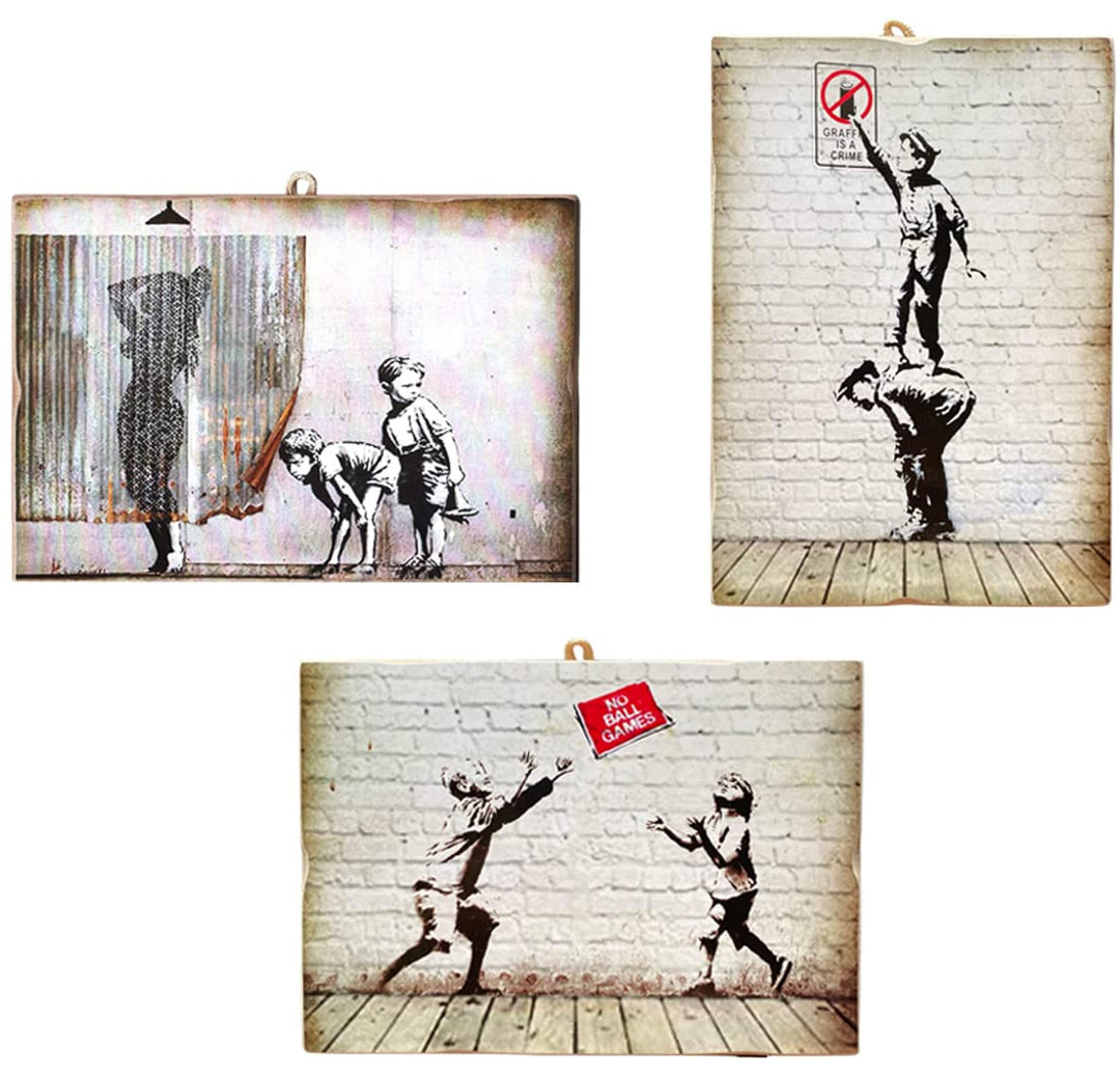 KUSTOM ART 3 Bilder im Vintage-Stil, Bansky-Stil, aus Kollektion, Druck auf Holz, 25 x 18 cm