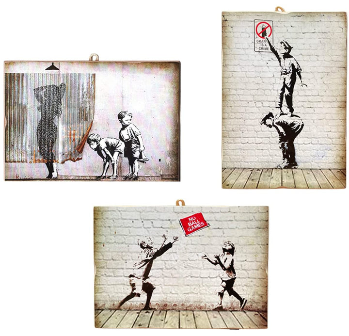 KUSTOM ART 3 Bilder im Vintage-Stil, Bansky-Stil, aus Kollektion, Druck auf Holz, 25 x 18 cm