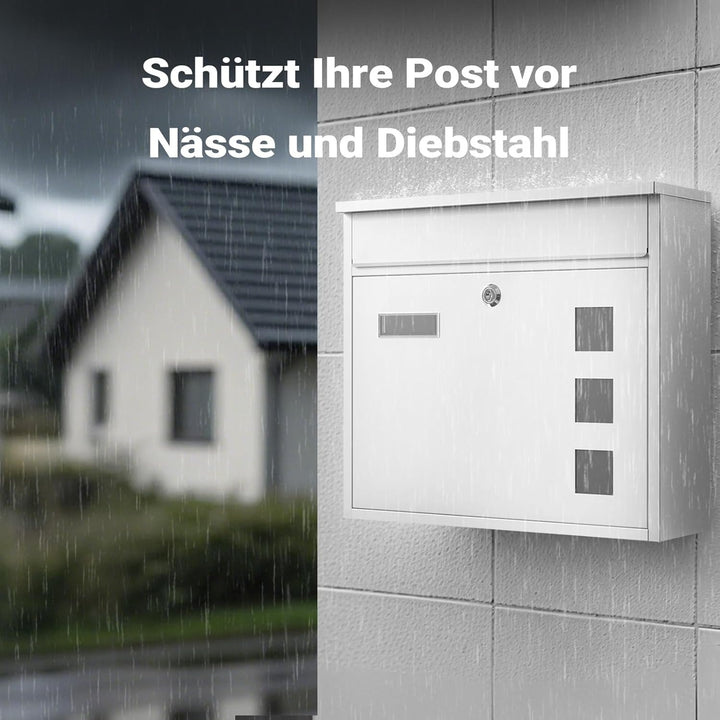 Wiltec Briefkasten V12 weiss 360 x 115 x 320 mm, Wandbriefkasten mit Schloss, Sichtfenstern und Name