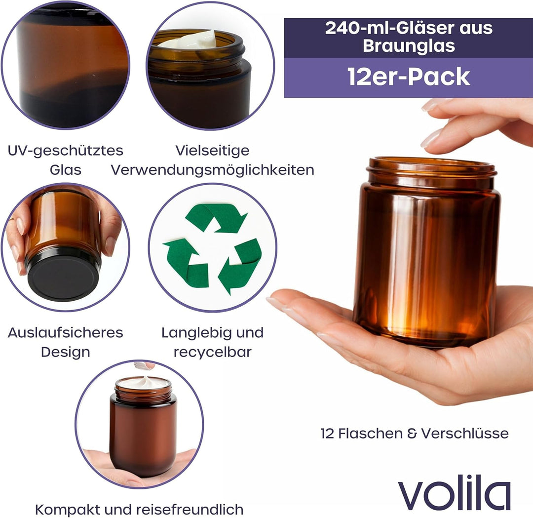 volila Braunglas Salbentiegel Gläschen mit Deckel (240ml x 12 Stück) - Glastiegel Creme Dosen zum Be