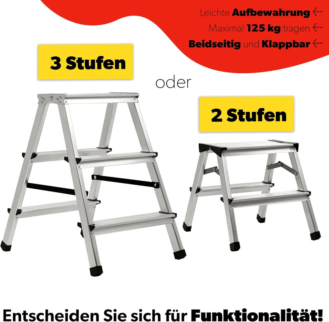 KADAX Trittleiter aus Aluminium 2 Stufen, Klapptritt bis 125kg, Stufenleiter mit Antirutschstufen, S