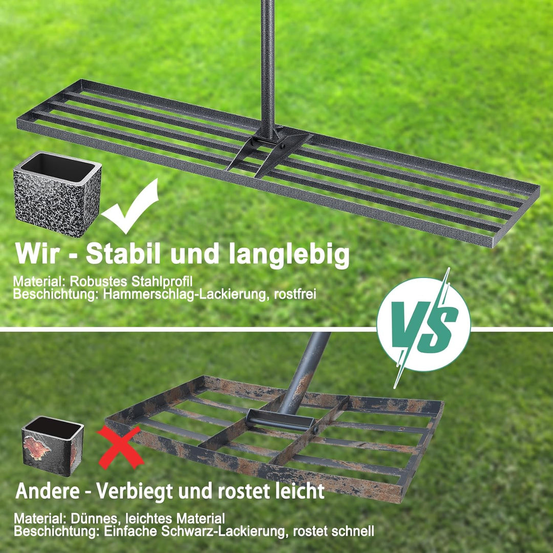 Rasenlevelrakete 114x25cm mit verstellbarem Stiel, rostschutzbeschichteter Rasenrechen aus Stahl für