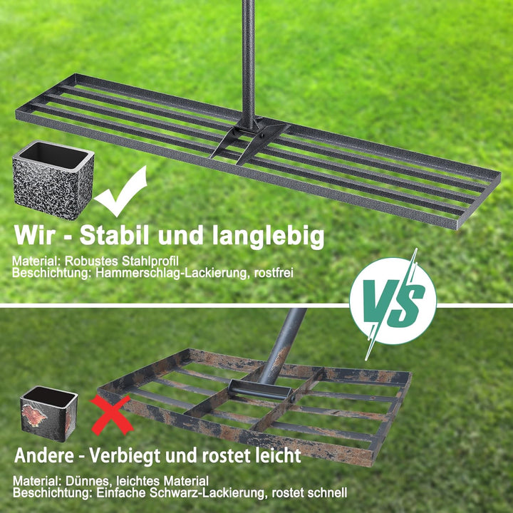Rasenlevelrakete 114x25cm mit verstellbarem Stiel, rostschutzbeschichteter Rasenrechen aus Stahl für