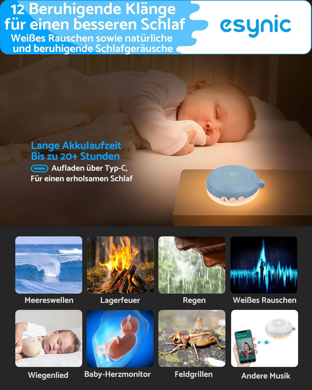 eSynic Einschlafhilfe für Erwachsene Weisses Rauschen Baby in Blaugrau Portable White Noise Machine