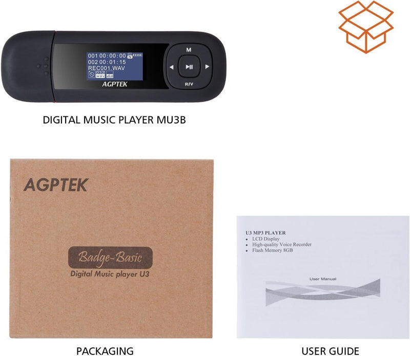 AGPTEK 8GB Tragbare USB MP3 Player 1 Zoll LCD Display, Mini Musik Player mit FM, Aufnahme, U3, Schwa