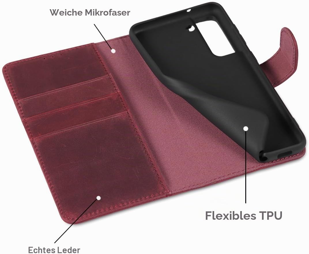 LENSUN Echtleder Hülle für Samsung Galaxy S21 FE, Handyhülle [Premium Echtes Leder][Kartenfach][RFID