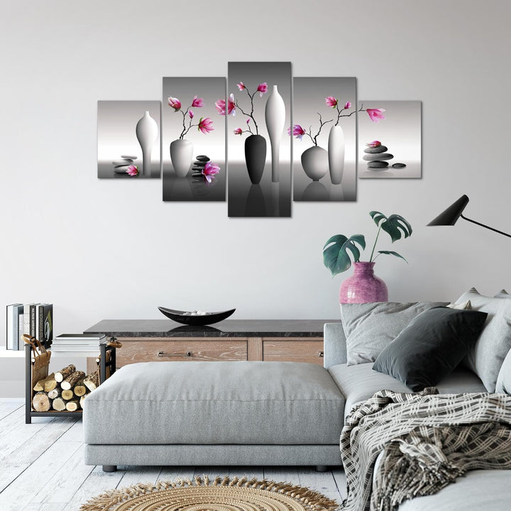 Runa Art Wandbilder Blumen Magnolien 5 Teilig Bild auf Vlies Leinwand Deko Wohnzimmer Spa Rosa Grau