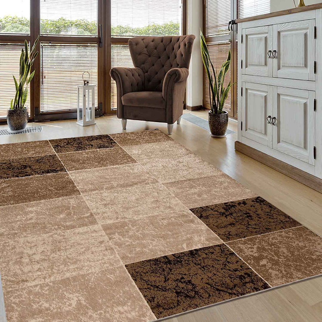 VIMODA Teppich Modern Meliert Kariert Marmor Muster Braun Beige, Masse:80 x 150 cm 80 x 150 cm (Rech