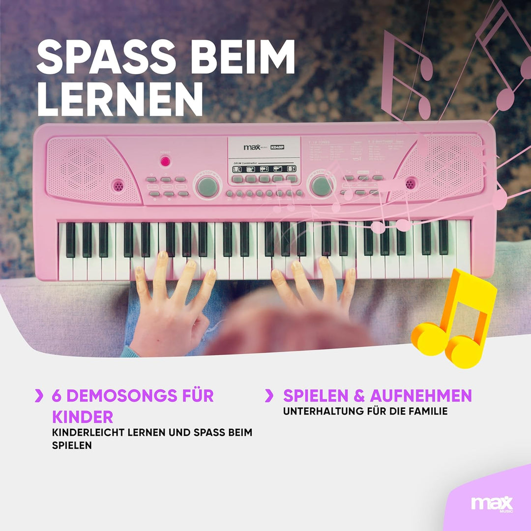 MAX KD49P - Kinder Keyboard mit 49 Tasten mit Mikrofon, 16 Klangarten, 8 Rhythmen & Sounds, Kinderkl