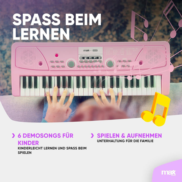 MAX KD49P - Kinder Keyboard mit 49 Tasten mit Mikrofon, 16 Klangarten, 8 Rhythmen & Sounds, Kinderkl