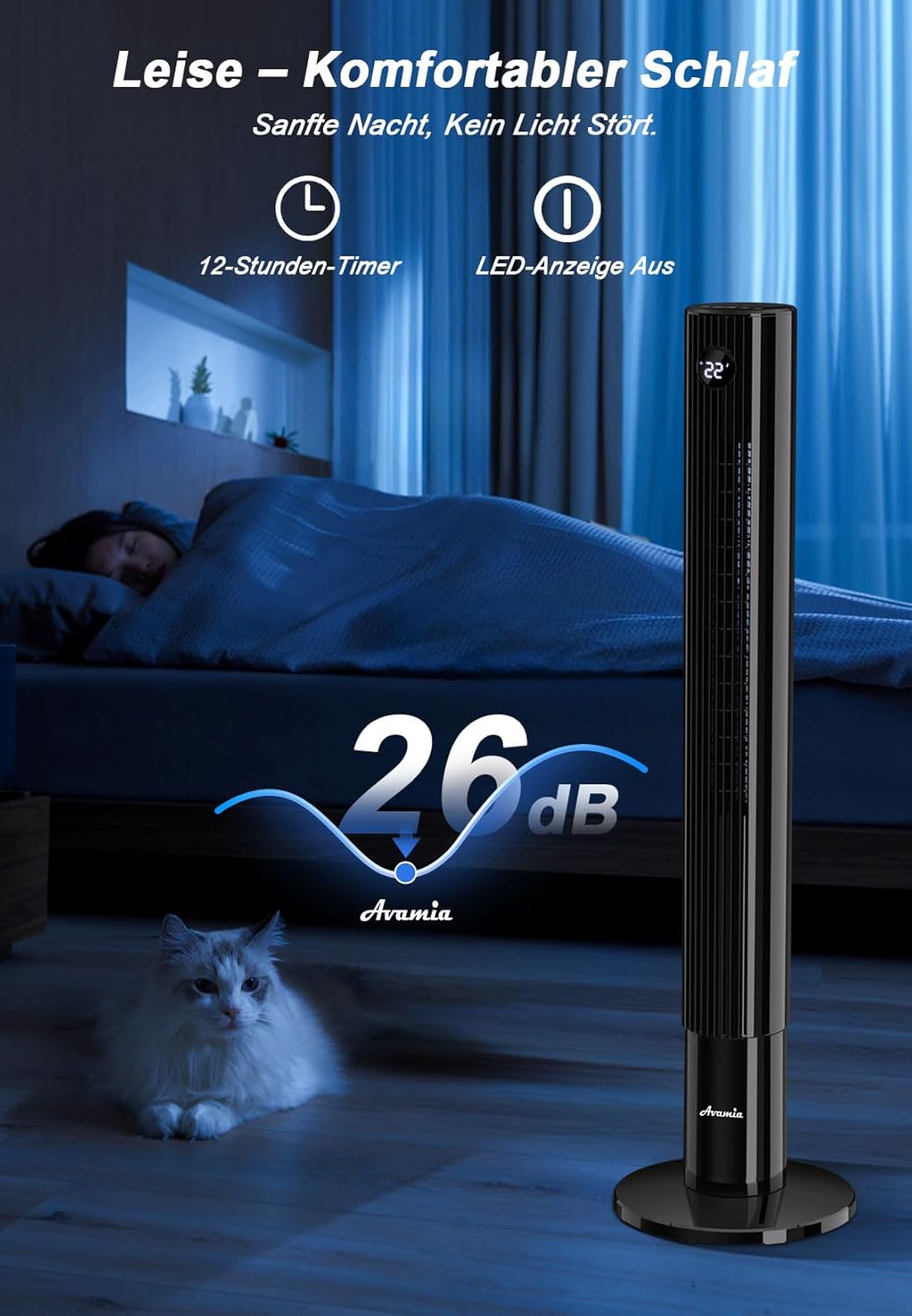 26dB Leiser Turmventilator, 110 cm Flügelloser Turmventilator, 7,8 m/s Luftstrom, 3 Geschwindigkeite