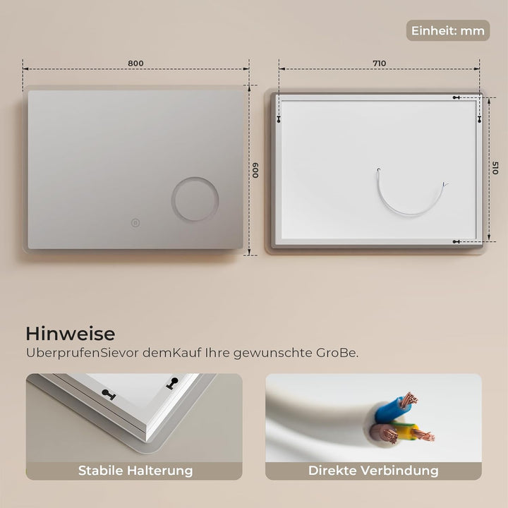 S'AFIELINA Badspiegel mit Beleuchtung 60 × 80 × 3,5 cm Badezimmerspiegel mit Beleuchtung mit Touch,