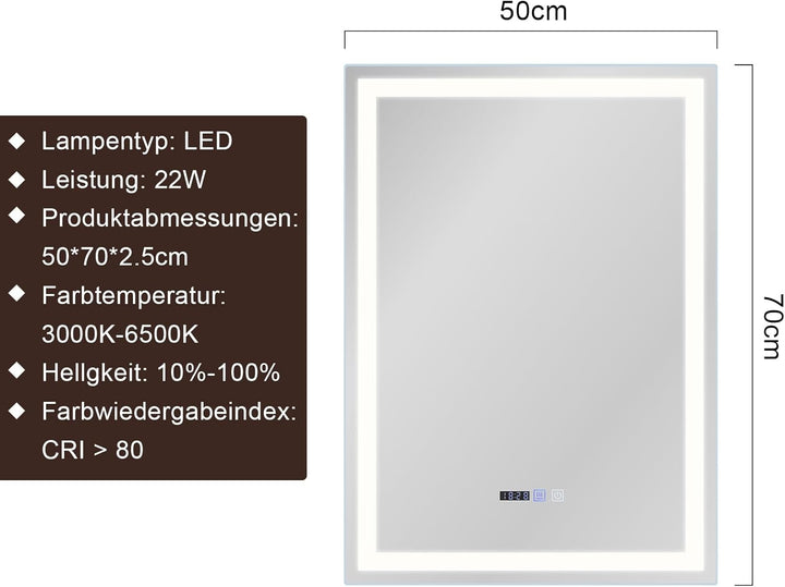 Spiegel Bad Badspiegel mit Beleuchtung - LED Badezimmerspiegel 50x70 cm Wandspiegel Badezimmer IP44