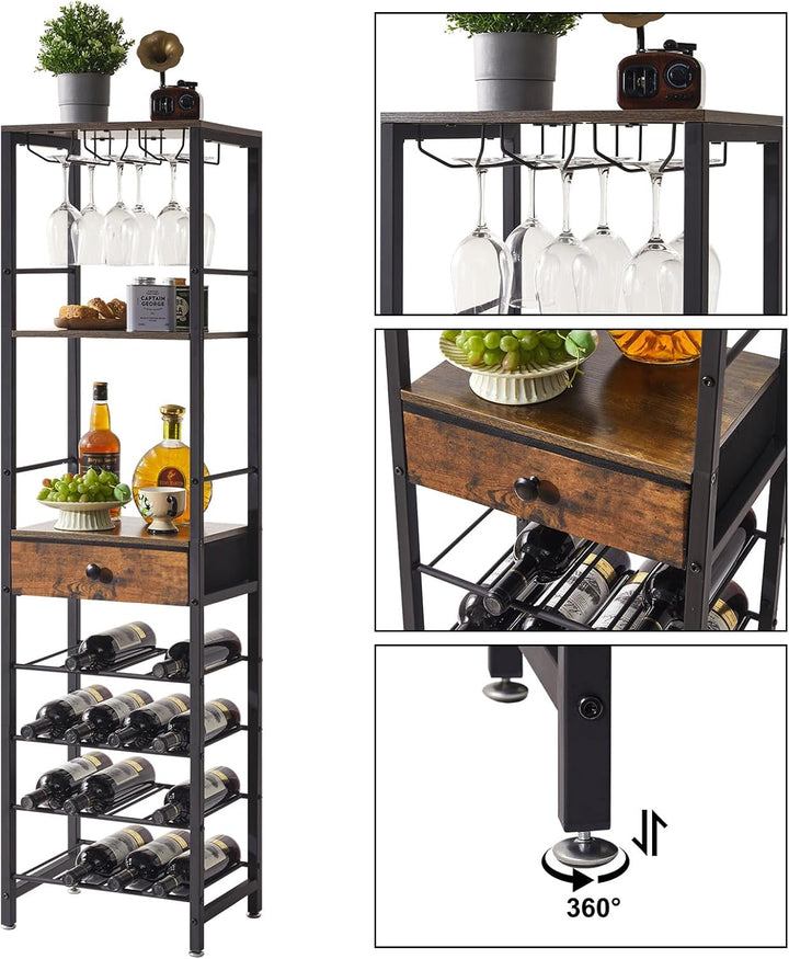 IBUYKE Weinregal, 4-Lagiges Freistehendes Weinregal Mit Glashalter Und Schublade, 16 Flaschenregal C