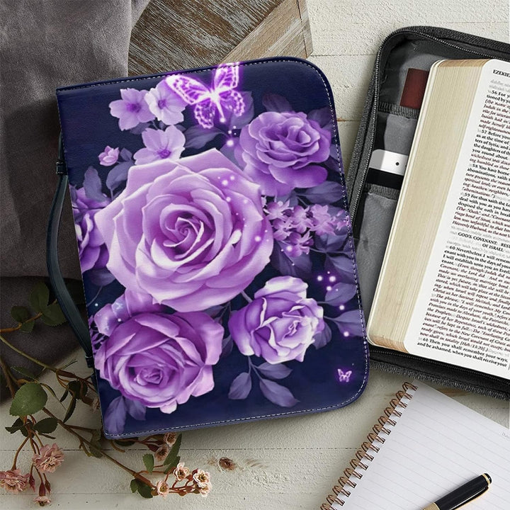 Kuiaobaty Bibeltasche mit Reissverschluss, violette Rosen, mit Griff, Tragetasche, Büchertasche für