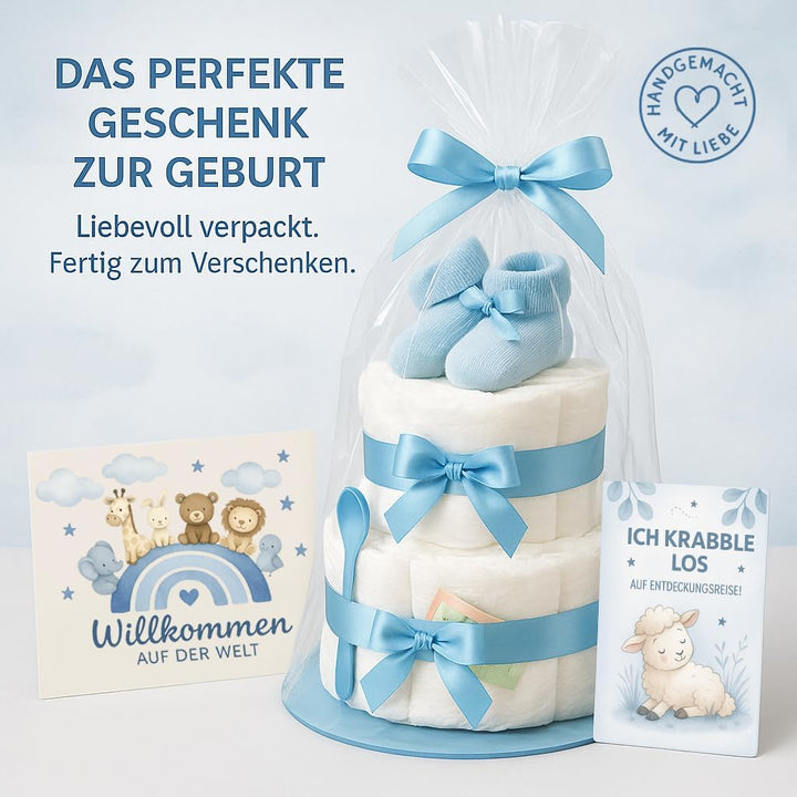 Windeltorte Junge 2 stöckig in Blau mit Babysocken, Geschenke zur Geburt für die Mutter, Taufe oder