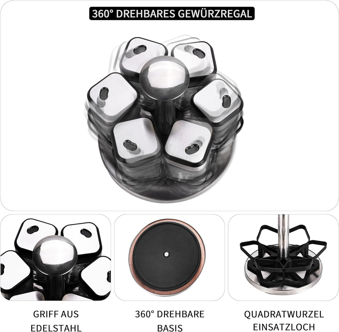 SIAZIH 360° Gewürzkarussell Drehbar, Gewürze Organizer mit 6 x 120ml Gewürzgläser, 360° Grössenverst