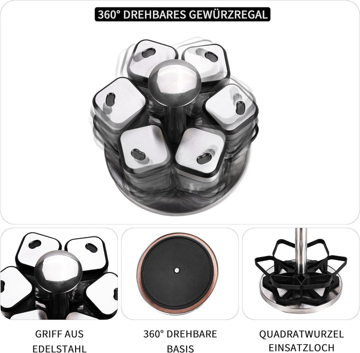 SIAZIH 360° Gewürzkarussell Drehbar, Gewürze Organizer mit 6 x 120ml Gewürzgläser, 360° Grössenverst