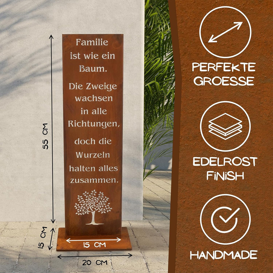 Rostikal Gartenschild Familie - 55 cm - Handgefertigtes Edel-Rost Metallschild aus Cortenstahl - Rob