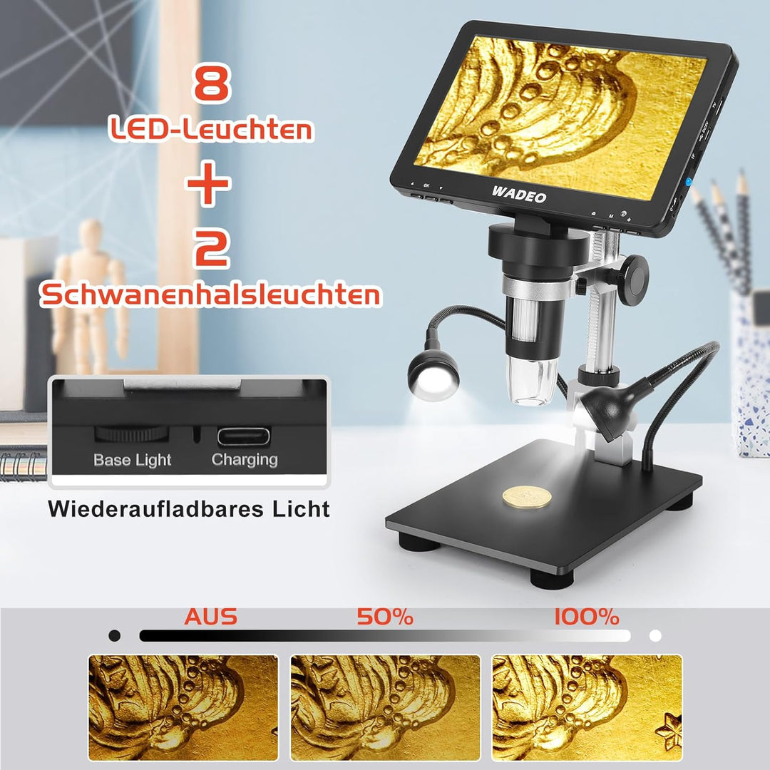 WADEO 7" LCD Digitalmikroskop 1200X, 1080P HDMI Videomikroskop mit Metallständer, LED Fülllichter, U