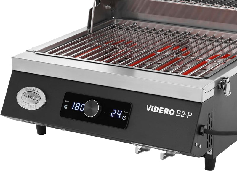 RÖSLE Elektrogrill BBQ-Portable Videro E2-P, tragbarer Tischgrill mit 2 Brennern, Warmhalterost und