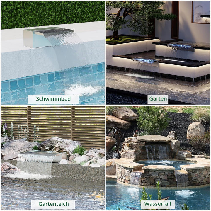 LONGRUN 23cm Teich-Wasserfall,304 Edelstahl Pool-Wasserfall mit Wasserpumpe,7 Farben Bluetooth LED G