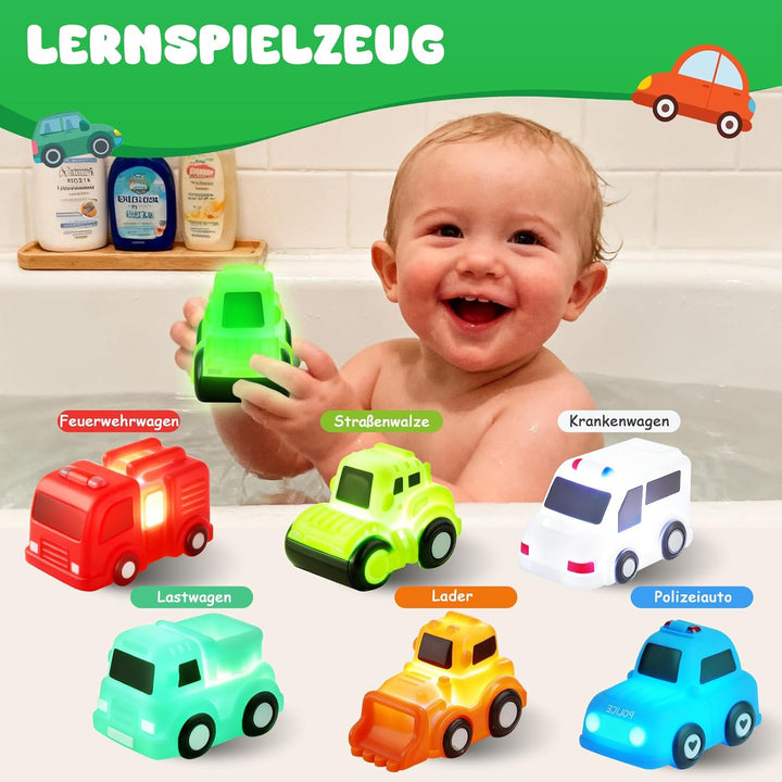 Badewannenspielzeug, 6 Stück Autos Badespielzeug mit Licht, Ohne Löcher Badespielzeug Baby ab 1 2 3