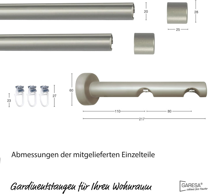 Garesa Gardinenstange Kea Ø 20mm, 2-läufig, Chrom, matt I Aluminium Vorhangstange inkl. Gleiter I En