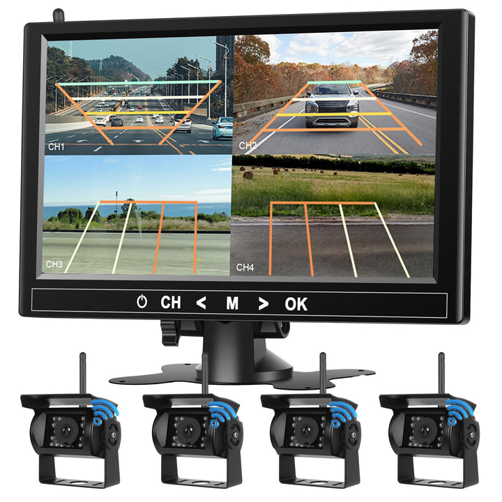 Rückfahrkamera Kabellos Set mit 4 Kameras, 9"-HD-Monitor &amp; 170° Weitwinkel- Rückfahrkamera, IP68 was