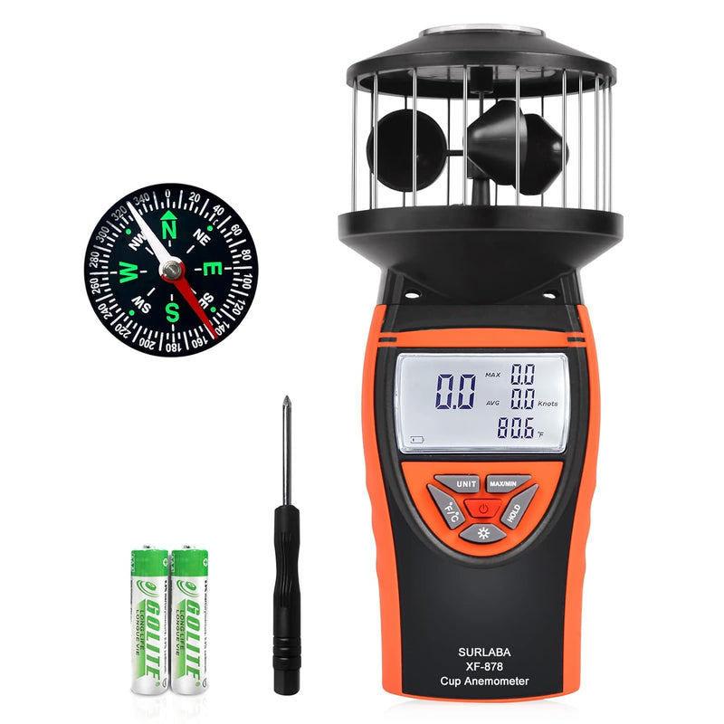 Digital Wind Cup Anemometer, Handheld Windmesser XF-878 Hoher Genauigkeit Wind Gauge Misst MAX/MIN/A