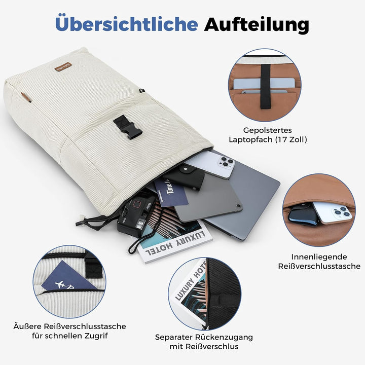 Cord Rucksack, Laptop Rolltop Rucksack für Herren & Damen Mit Diebstahlsichere Reissverschluss, Erwe