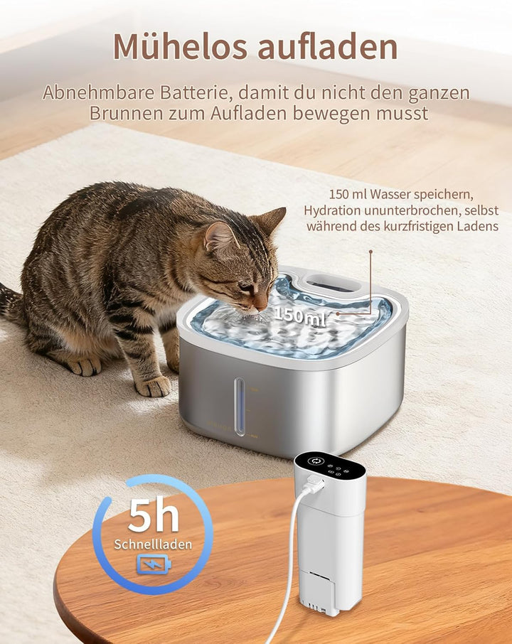 Trinkbrunnen Für Katze Kabellos, 3.5L katzenbrunnen Edelstahl, Drahtlos &amp; Ultra-leise mit Sensor- un