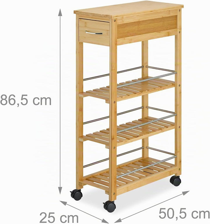 Relaxdays Küchenwagen, Bambus, Schublade, 3 Ablagen, Gewürze, Vorräte, HBT: 86,5 x 25 x 50,5 cm, Rol