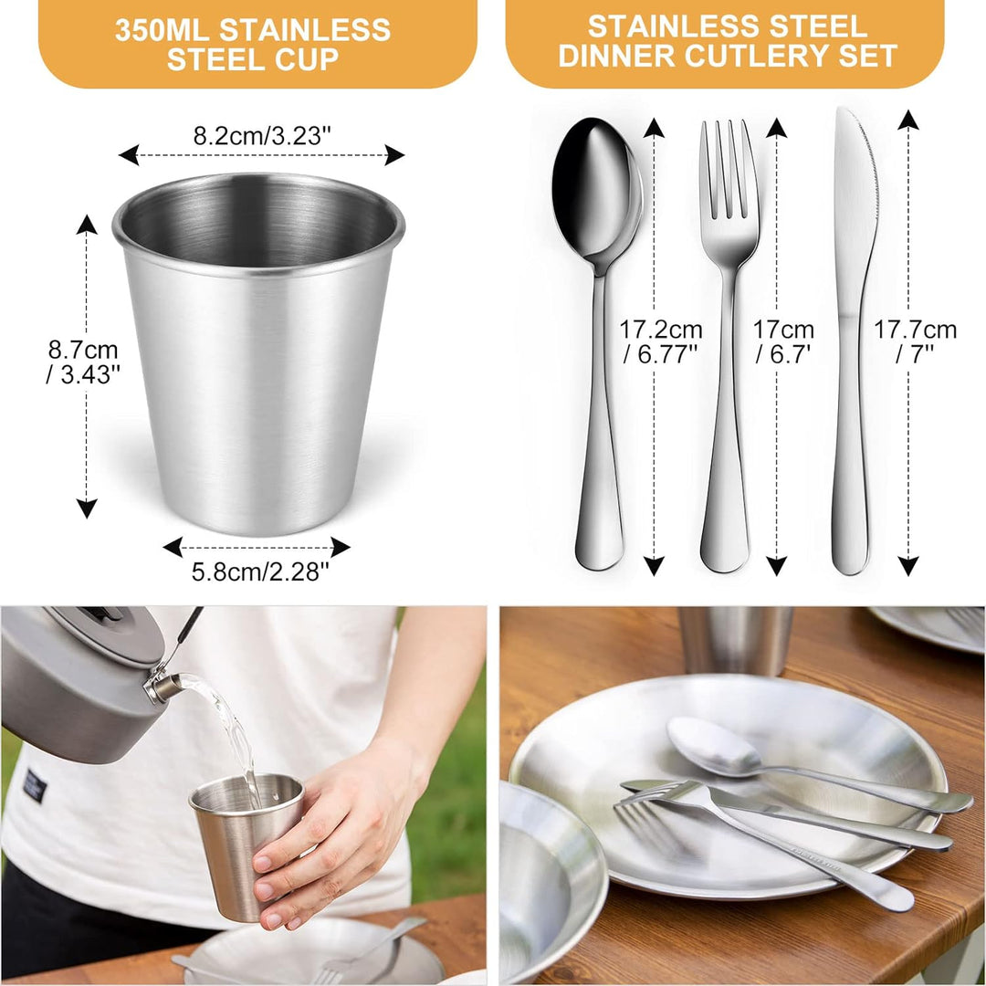 Odoland Campingbesteck Set Geschirrset 7 PCS aus Edelstahl Tafelservice mit Etui Messer Gabel Löffel