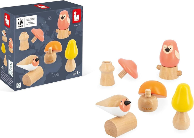 Janod 2 Vögel und 3 Pilze zum Schrauben-Lernspielzeug und Frühförderung-Spielzeug aus FSC-Holz-WWF-P