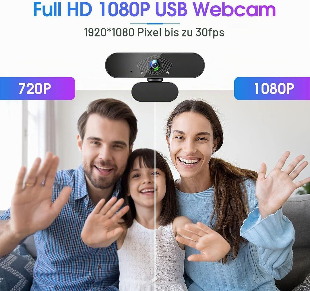 Webcam mit Mikrofon, 1080P Web PC Kamera mit 120° Blickfeld, Belichtungskorrektur und Drehbarem Clip
